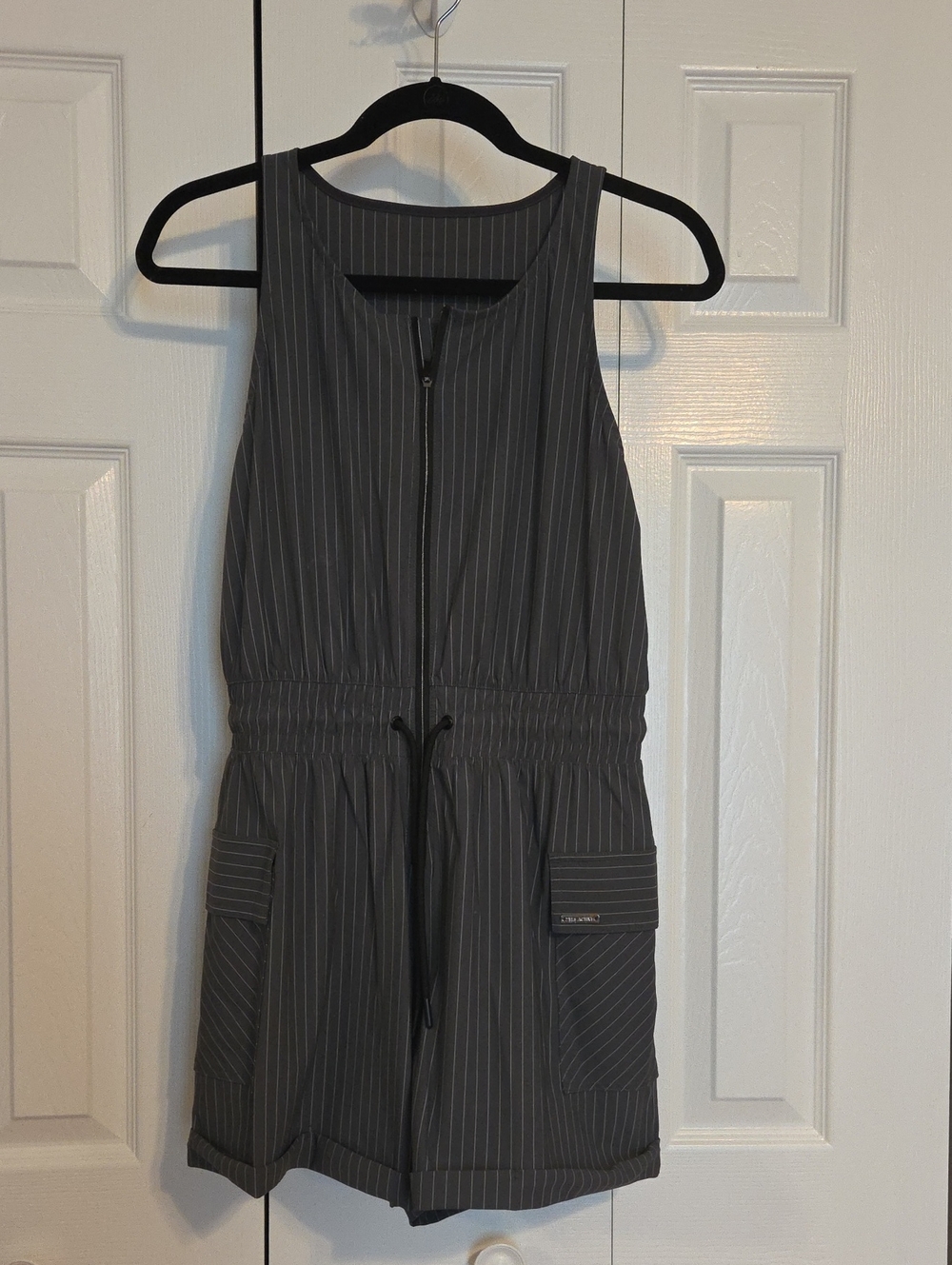 Pinstriped Sleeveless Zip Romper with Drawstring Waist